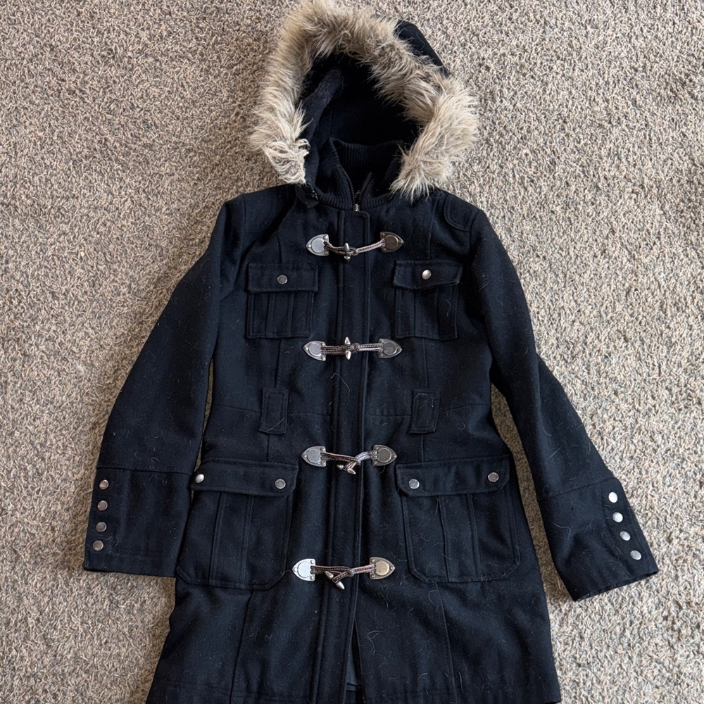 Women’s Black Hooded Dress Coat with Faux Fur Trim